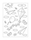 Coloring page with  things that fly. Kite, balloon, paper planes, clouds, insects, birds. Royalty Free Stock Photo